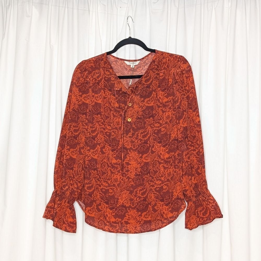Tucker NYC Juliette Blouse Rust Lace in Crepe de Chine Silk Top Long Sleeve